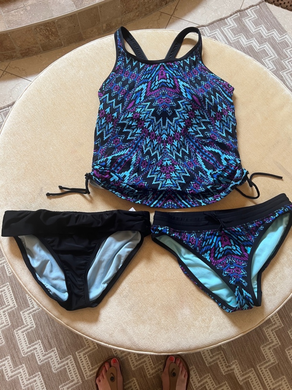 Athleta Blue Purple Black Patterned Tankini with Two Bikini Bottoms